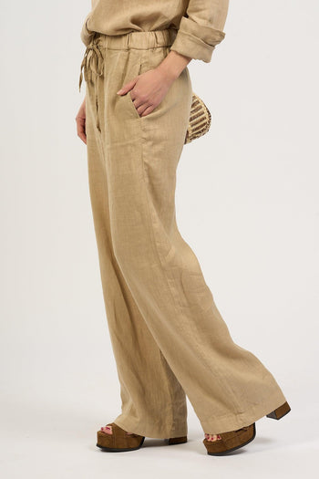 Pantalone in Lino con Coulisse Sabbia Donna - 4