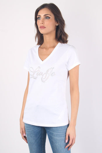 T-shirt Scollo V Logo Strass Bianco/liujo - 4
