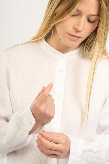 Camicia Coreana in Lino Bianco Donna - 5