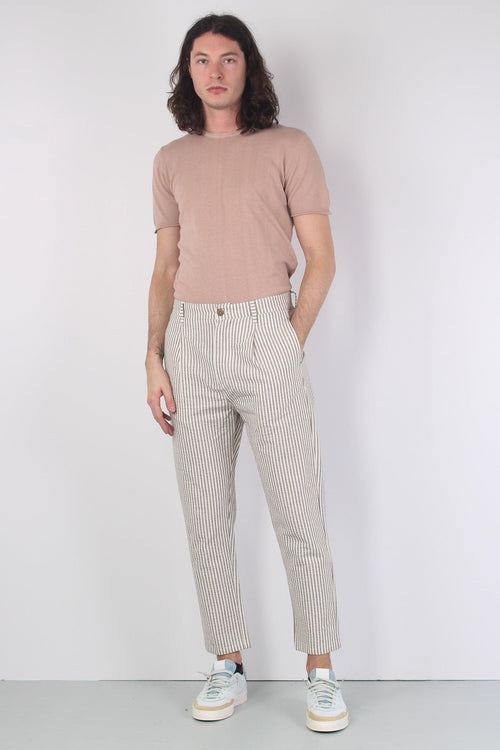 Pantalone Cotone Gessato Beige/bianco