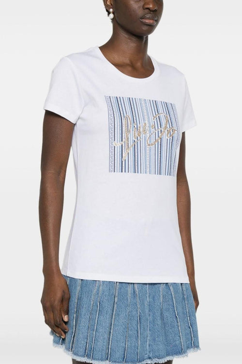 T-Shirt Cotone Bianco/Blu Navy/Oro - 1