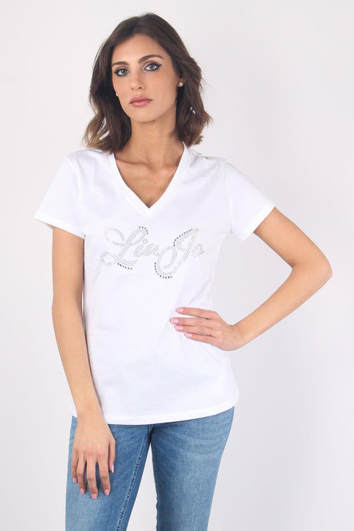 T-shirt Scollo V Logo Strass Bianco/liujo - 1