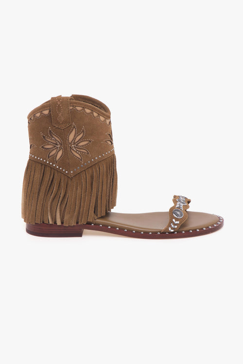 Sandalo stile texano in camoscio con frange e borchie