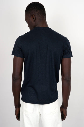 T-Shirt Girocollo Lino/Elastan Blu Scuro - 4