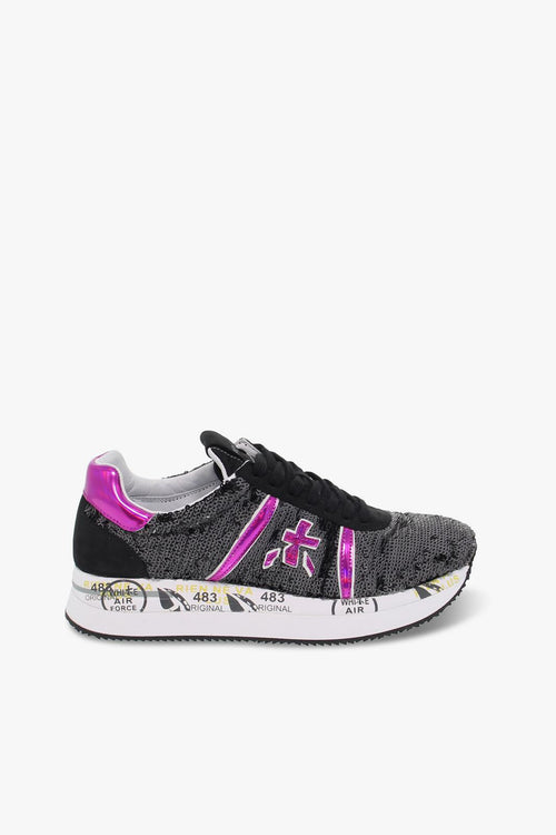 Sneakers CONNY in paillettes e vernice nero e fuxia - 1