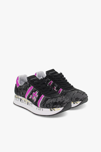 Sneakers CONNY in paillettes e vernice nero e fuxia - 5