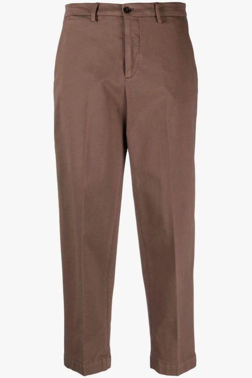 Pantalone Marrone in Tessuto Froissé con Chiusura Zip e Bottone